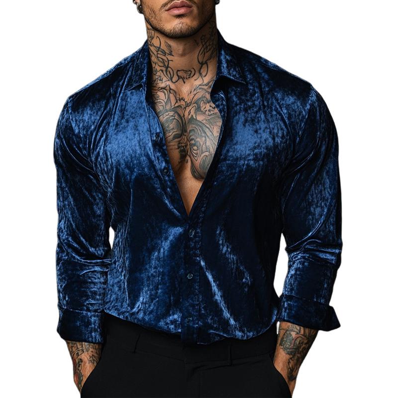 Men's Royal Blue Velvet Long Sleeve Shirt 63363865U