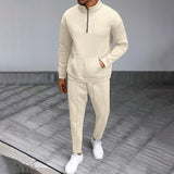 Men's Casual Waffle Zipper Stand Collar Long Sleeve Sweatshirt Sports Pants Set 29559493M