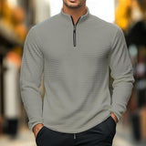 Men's Casual Solid Color Waffle Stand Collar Zipper Long Sleeve Polo Shirt 89122825Y