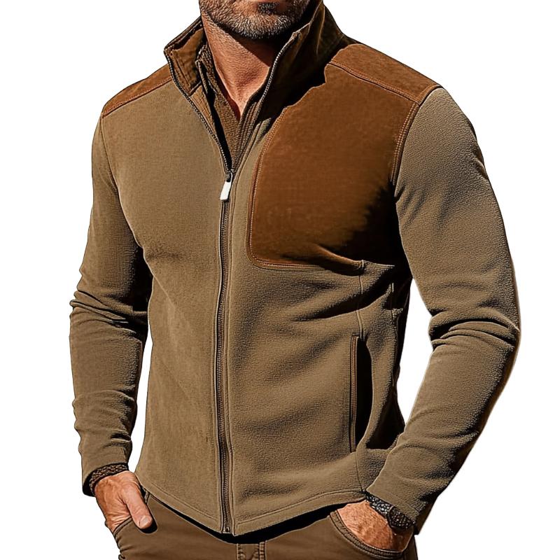 Men's Retro Casual Colorblock Slim Fit Polar Fleece Stand Collar Zipper Jacket 74628932TO