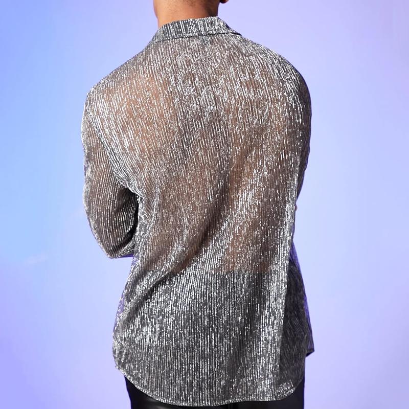 Men's Fashion Shiny Perspective Lapel Long Sleeve Casual Shirt 17020626Z