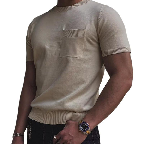 Men's Solid Knitted Round Neck Breast Pocket Short Sleeve T-shirt 32296706Z