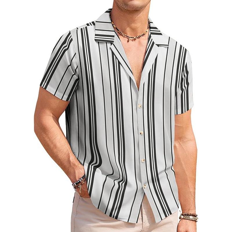 Men's Striped Lapel Short Sleeve Beach Shirt 30811765Z