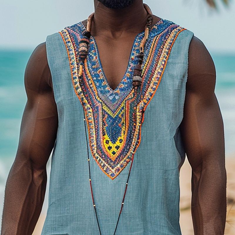 Men's Bohemian Ethnic Graphic V Neck Sleeveless Tank Top 04428072Z