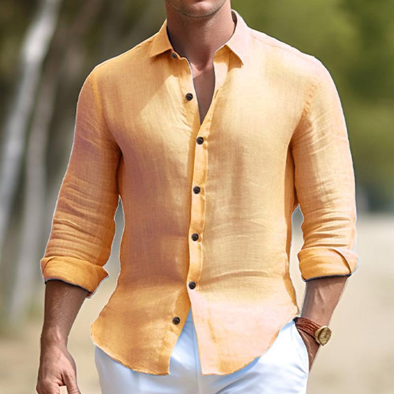 Men's Solid Cotton And Linen Lapel Long Sleeve Shirt 08947426Z