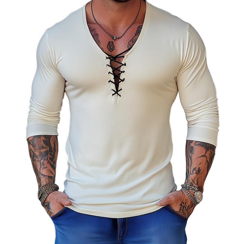T-shirt casual da uomo tinta unita con lacci e scollo a V, manica lunga 05194418Z