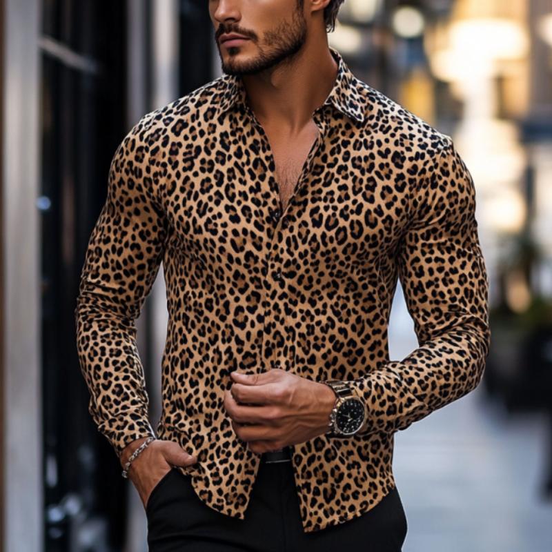 Men's Casual Fashionable Printed Leopard Slim Fit Long Sleeve Shirt 89994446K