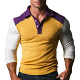 Men's Casual Colorblock Long Sleeve Ribbed Polo Shirt 95611440F