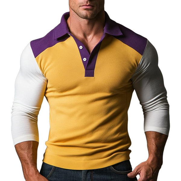 Men's Casual Colorblock Long Sleeve Ribbed Polo Shirt 95611440F