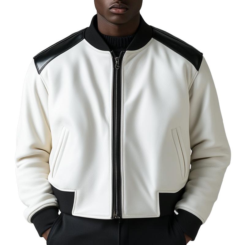 Men's Stylish Colorblock Leather Baseball Jacket 40504571F