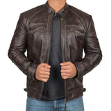 Men's Vintage Stand Collar Zipper Slim Fit Leather Biker Jacket 91469173M