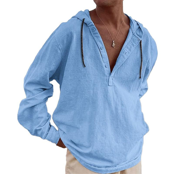 Men's Solid Cotton And Linen Hooded Long Sleeve Shirt 58250569Z