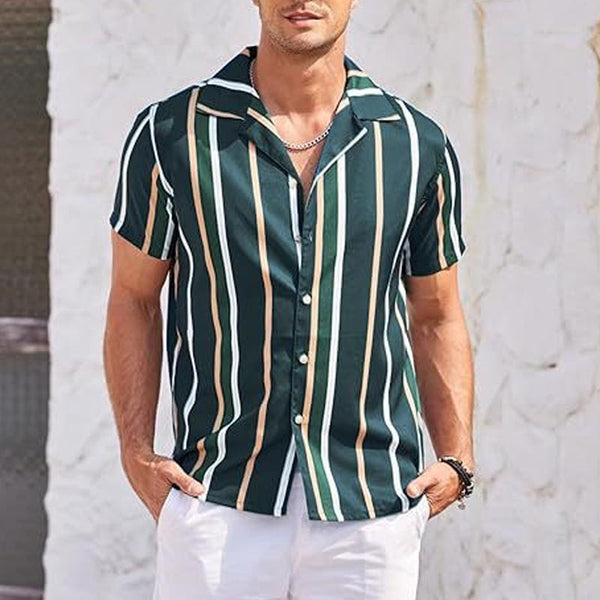Men's Striped Lapel Short Sleeve Beach Shirt 46259499Z