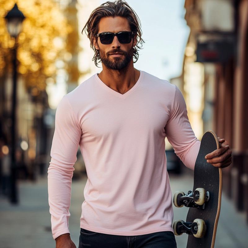 Men's Casual Cotton V-neck Slim Fit Long Sleeve T-shirt 69729843M