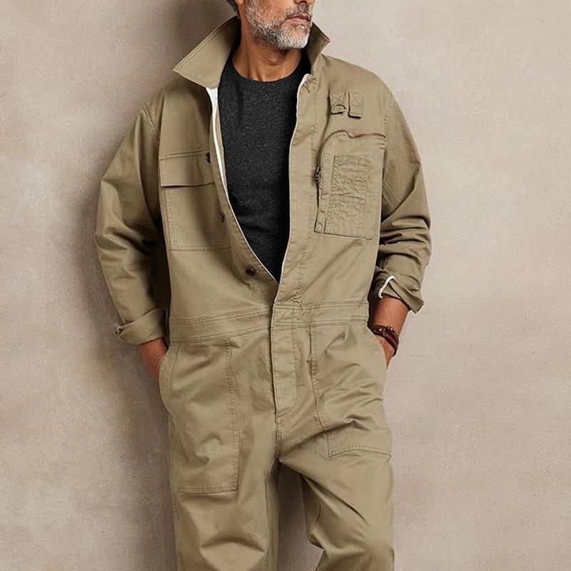 Men's Solid Color Cotton Lapel Long Sleeve Multi-pocket Cargo Jumpsuit 44670523Z