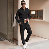 Men's Casual Jacquard Zipper Lapel Long Sleeve Polo Shirt Sports Pants Set 22827630M