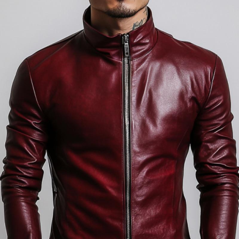 Men's Stylish Casual Stand Collar Slim Fit Leather Jacket 84587076K