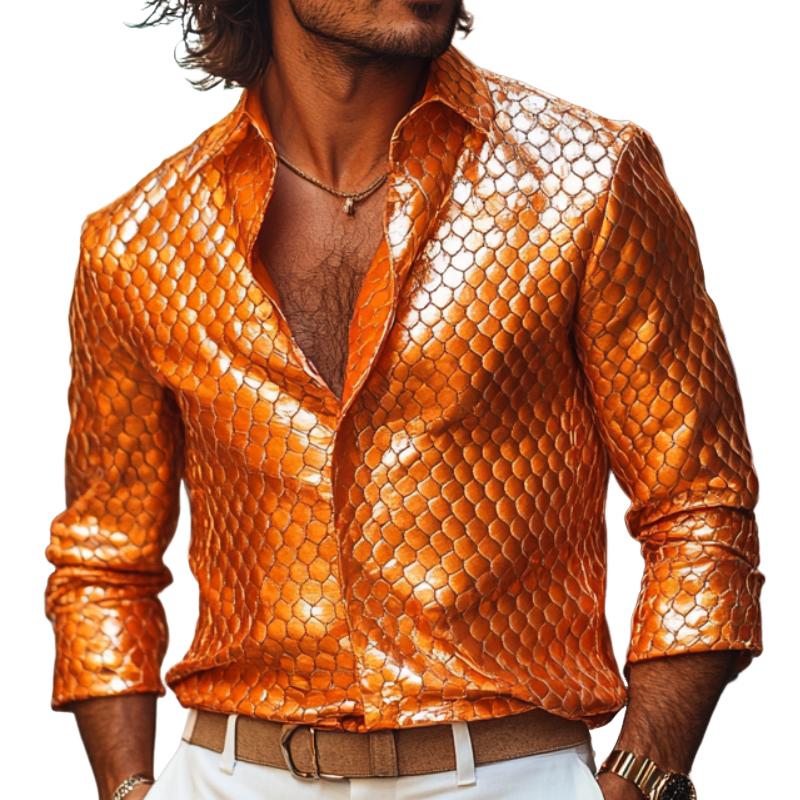 Men's Fashion Lapel Fish Scale Textured Leather Long Sleeve Shirt 90945031F