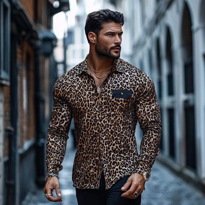 Men's Casual Fashion Print Leopard Pocket Slim Fit Long Sleeve Shirt 82339907K