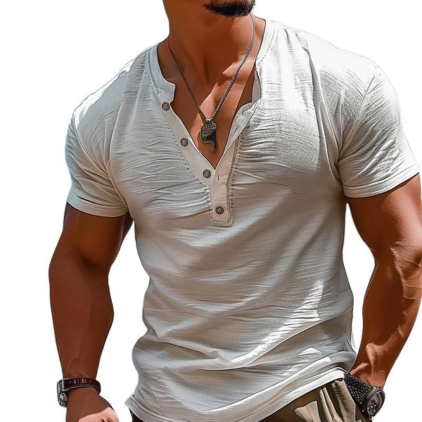Men's Solid Color Round Neck Button-Down Short Sleeve T-Shirt 15372378X
