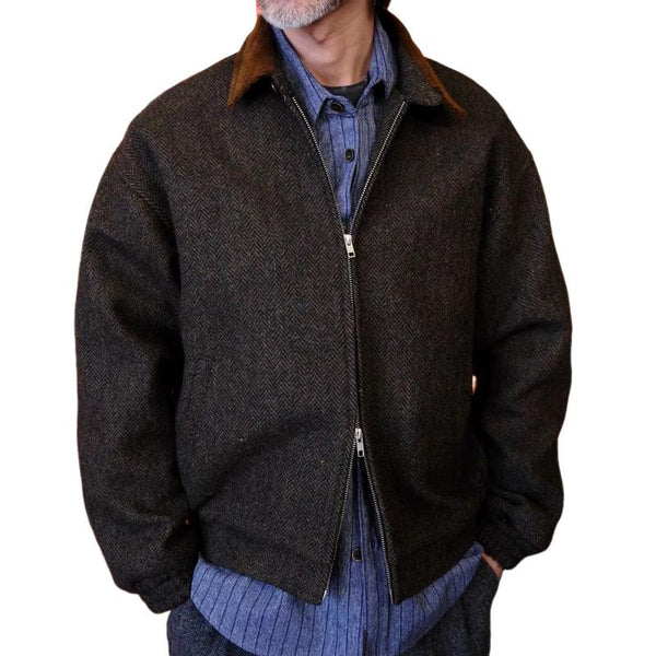 Men's Vintage Corduroy Herringbone Patchwork Lapel Zipper Bomber Jacket 61906038M