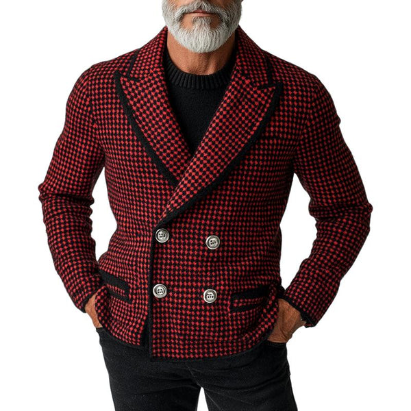 Men's Vintage Houndstooth Jacquard Peak Lapel Double Breasted Knit Cardigan 75495478Y