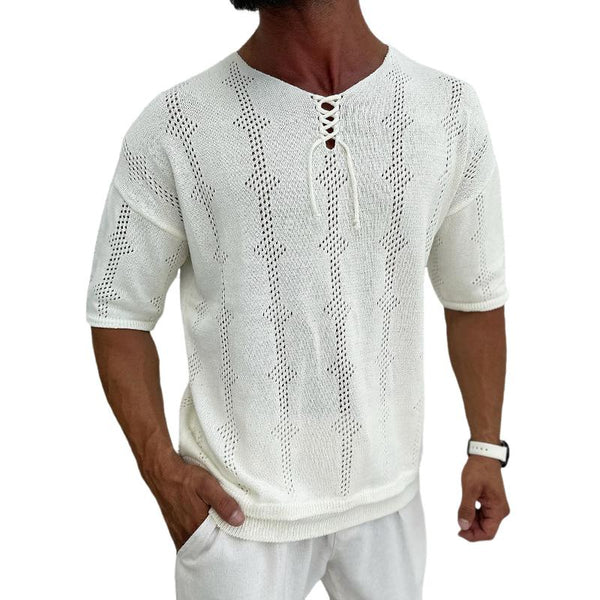 Men's Casual Thin Lace-up Round Neck Hollow Slim Short-sleeved Knitted Sweater 72902298M