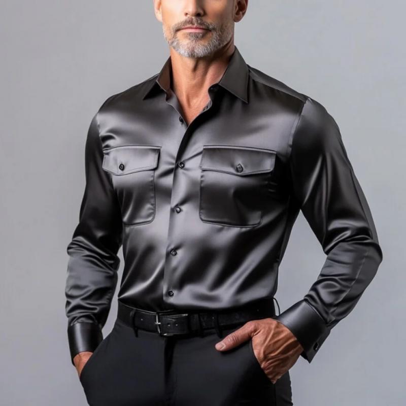 Men's Fashion Satin Double Chest Pockets Long Sleeve Shirt 63195733Y