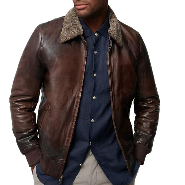 Men's Classic Vintage Fur Collar Zipper Leather Jacket 04533760K