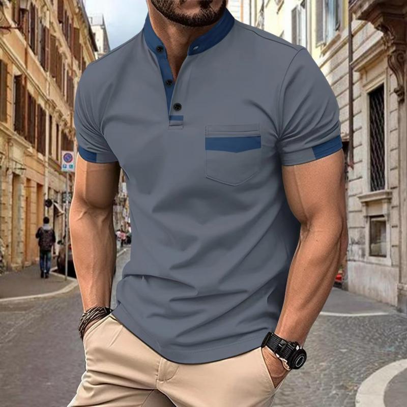 Men's Casual Colorblock Stand Collar Chest Pocket Short-Sleeved T-Shirt 52195947Y
