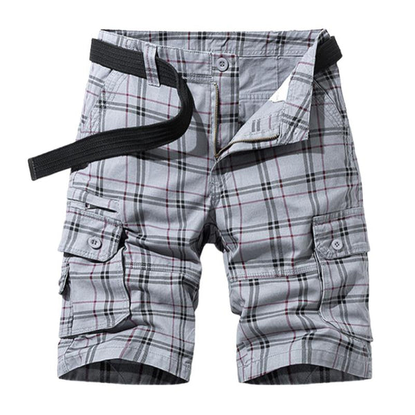 Men's Casual Cotton Plaid Multi-Pocket Slim Fit Cargo Shorts (Belt Excluded) 52553957M