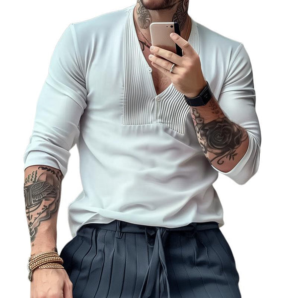 Men's Solid Vintage V Neck Long Sleeve Shirt 25348703Z