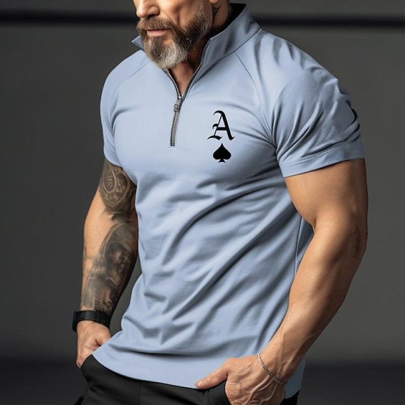 Polo da uomo a maniche corte con stampa poker e bavero con cerniera 56855419Z