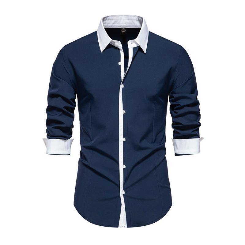 Men's Fashion Colorblock Patchwork Lapel Slim Fit Long Sleeve Shirt 34804991M