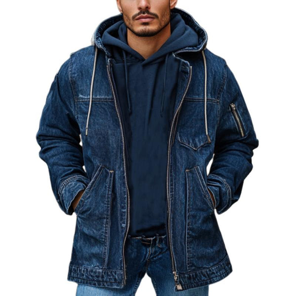 Men's Washed Zipper Multi-Pocket Hooded Denim Windbreaker 57153194Y