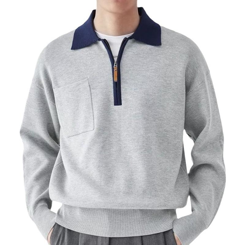 Men's Color Block Zipper Lapel Breast Pocket Long Sleeve Knit Polo Shirt 82740147Z