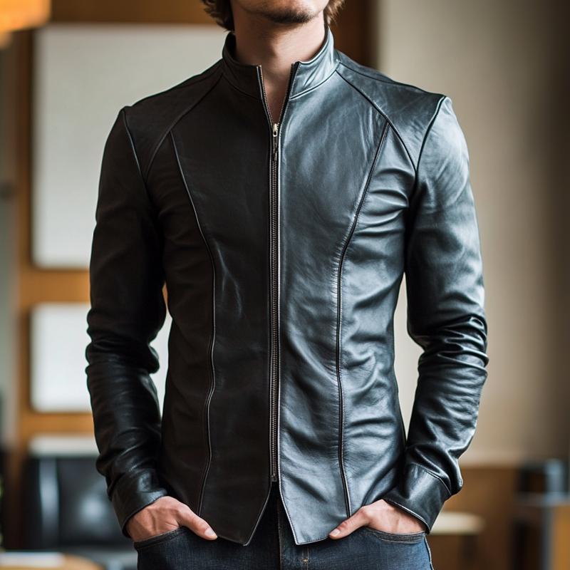 Men's Slim-fit Stand Collar Zip-up Leather Jacket 92007897F