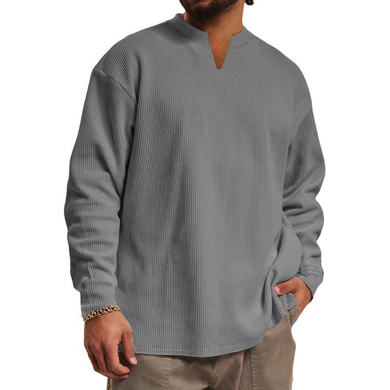 Men's Casual V-neck Waffle Loose Long Sleeve T-shirt 30473989M