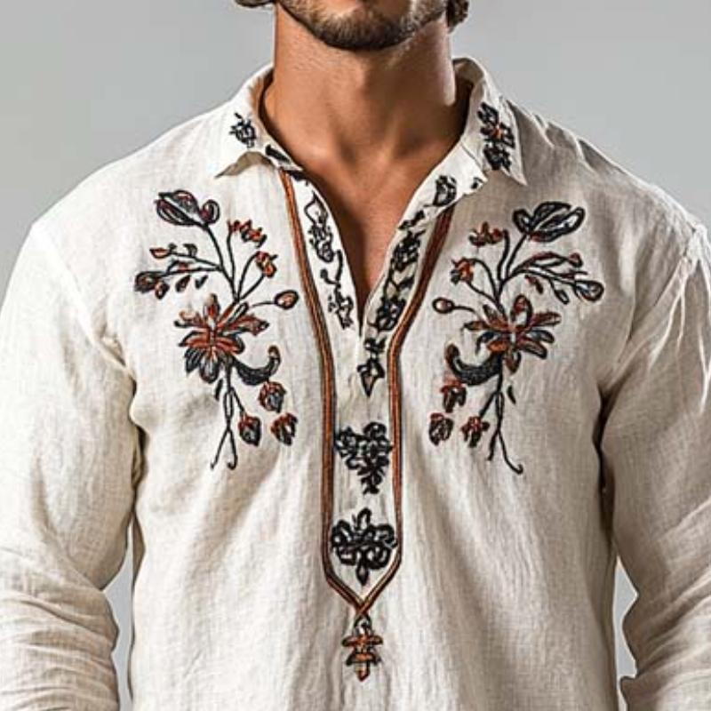 Men's Classic Vintage V-Neck Embroidered Linen Long Sleeve Shirt 41767089K