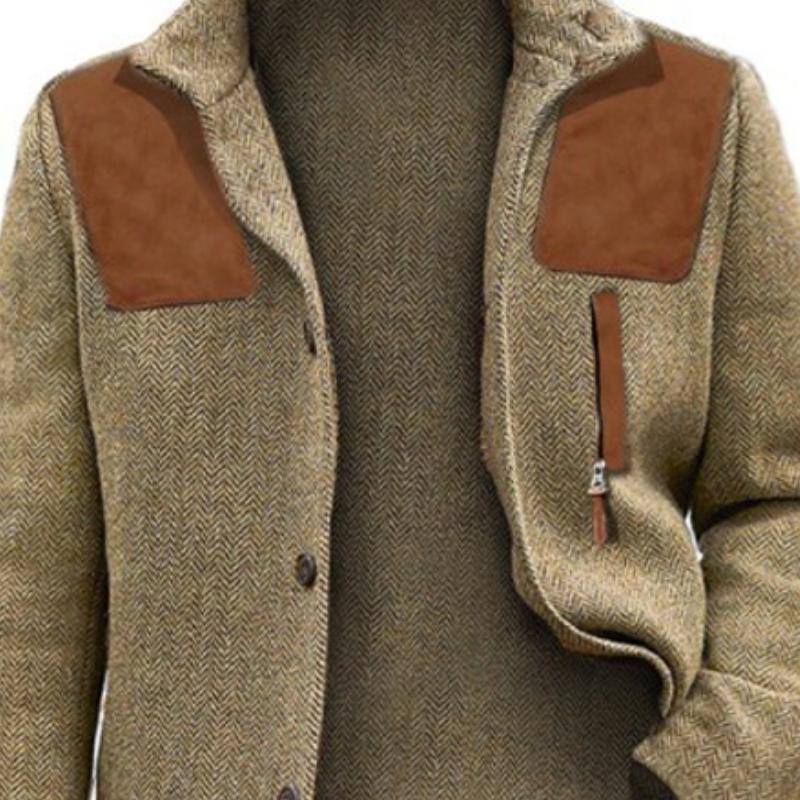 Men's Vintage Herringbone Stand Collar Suede Patchwork Slim Fit Coat 48861421M