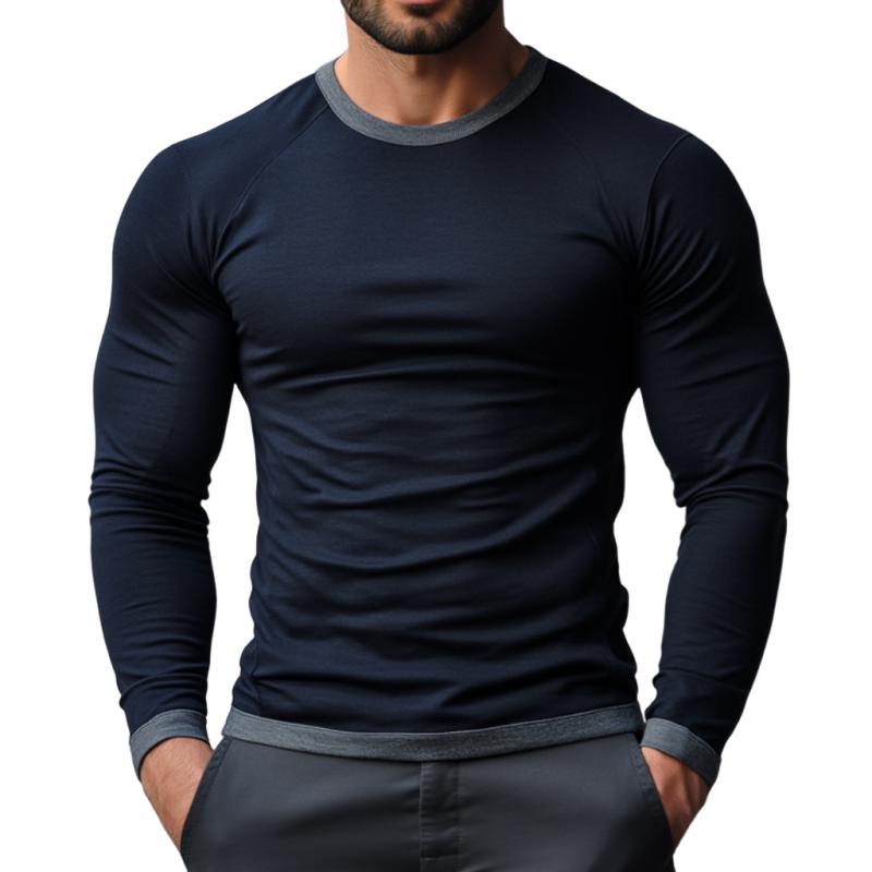 Men's Casual Colorblock Patchwork Round Neck Tight Long Sleeve T-shirt 66213888M