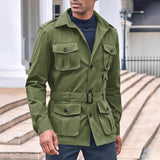 Men's Retro Solid Color Lapel Multi-pocket Single Breasted Belt Cargo Jacket 93102297Z