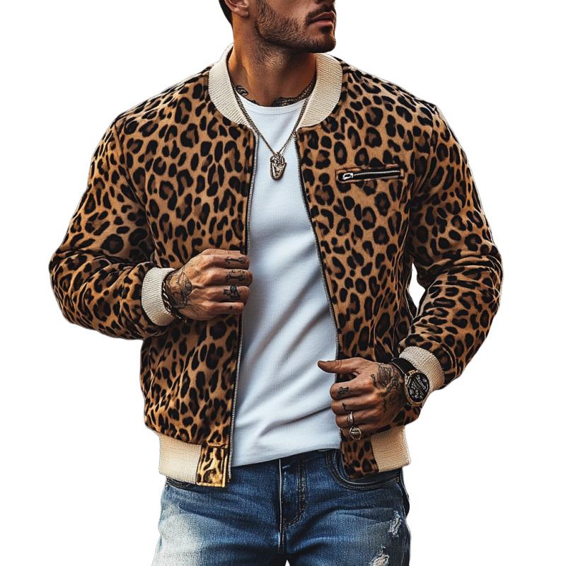 Men's Vintage Leopard Print Colorblock Zip-Up Bomber Jacket 58817018Y