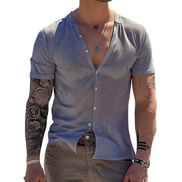 Men's Casual Striped Pocket Open Collar Short Sleeve T-Shirt 41898095TO