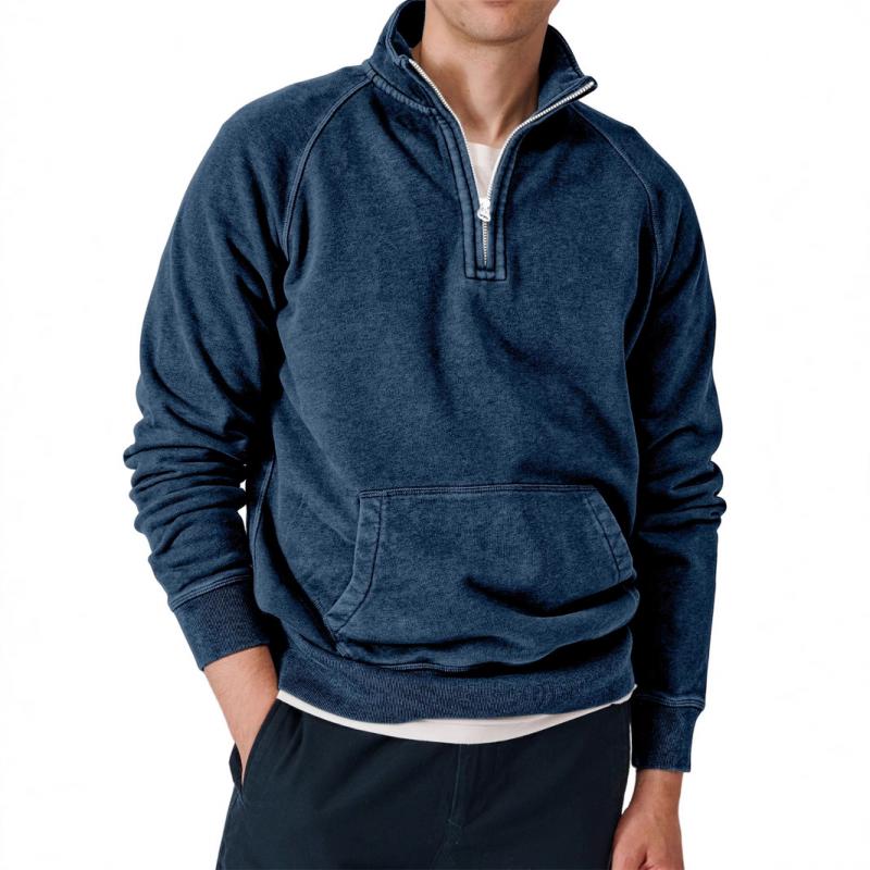 Men's Solid Zip Stand Collar Long Sleeve Kangaroo Pocket Sweatshirt 47037366Z