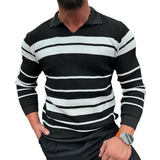 Men's Fashion Colorblock Striped Lapel Long Sleeve Knit Polo Shirt 83709928Z