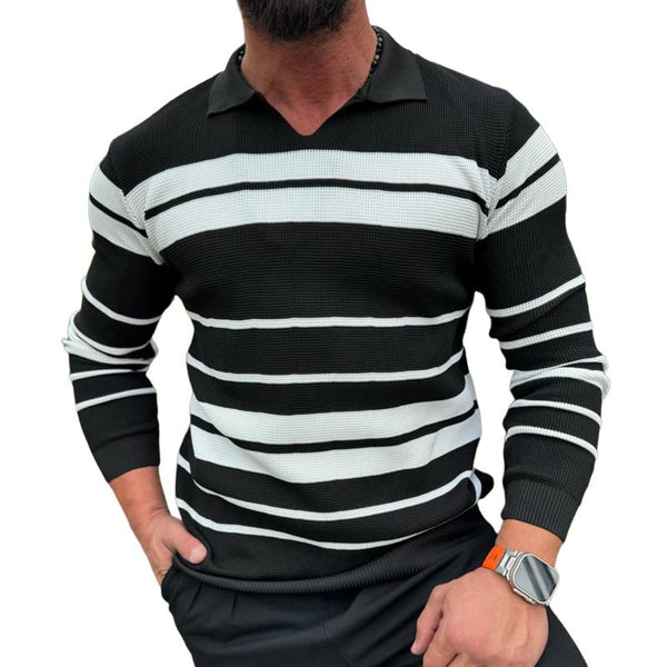 Men's Fashion Colorblock Striped Lapel Long Sleeve Knit Polo Shirt 83709928Z