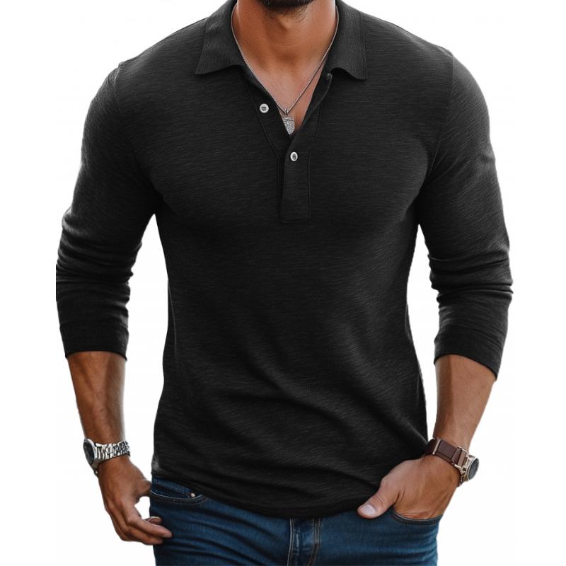 Polo da uomo casual in misto cotone con risvolto, vestibilità slim, a maniche lunghe, 88616993M