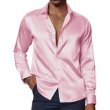 Men's Casual Solid Color Satin Lapel Long Sleeve Shirt 51577471Y