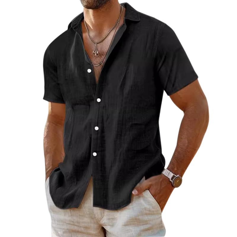 Chemise décontractée à manches courtes en coton et lin pour homme, couleur unie, coupe slim, 40996443M